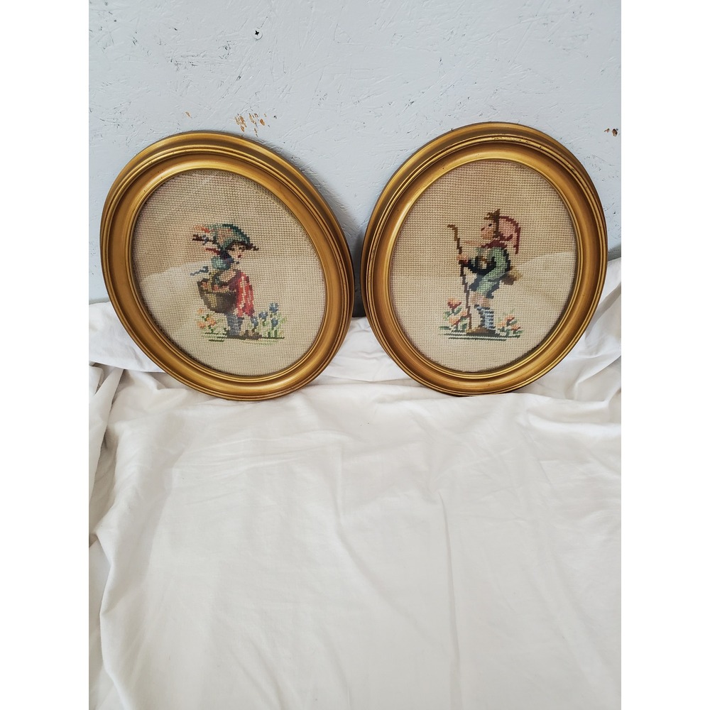 Vintage Needlepoint Oval Gold Framed Wall Art Set Boy Girl European Style 2pc